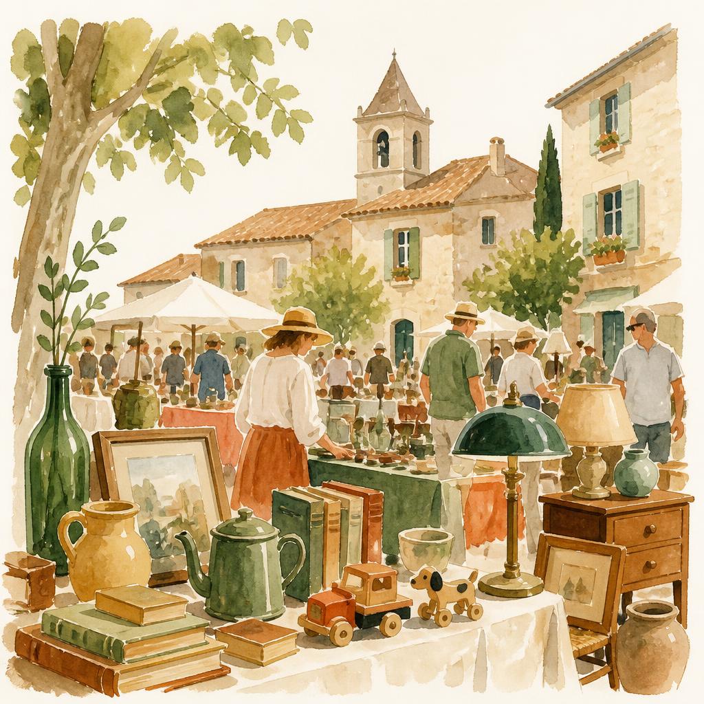 Illustration aquarelle d'un vide-grenier de village français